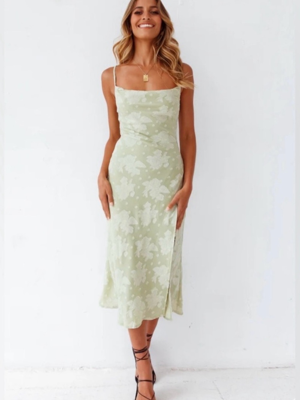 Fortunate One Floral Slip Midi Dress in Light Sage